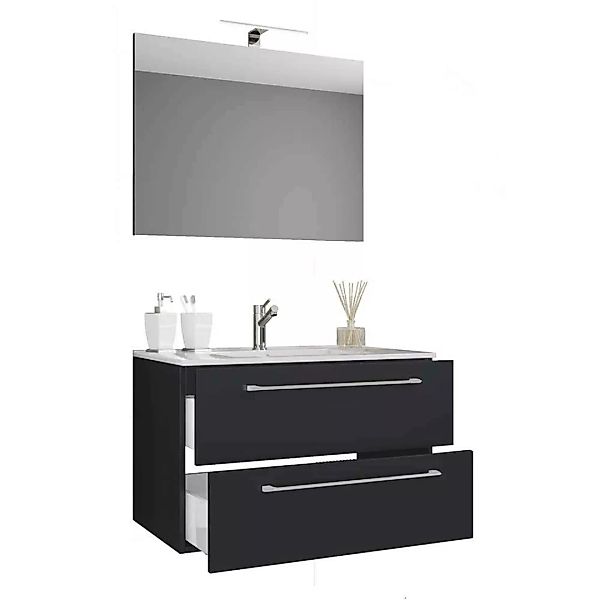 Waschplatz Set schwarz mit Wandspiegel modernem Design (zweiteilig) günstig online kaufen