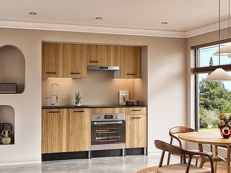 Küchenzeile - mit Arbeitsplatte - 180 cm - Naturfarben & Schwarz - TRATTORI günstig online kaufen