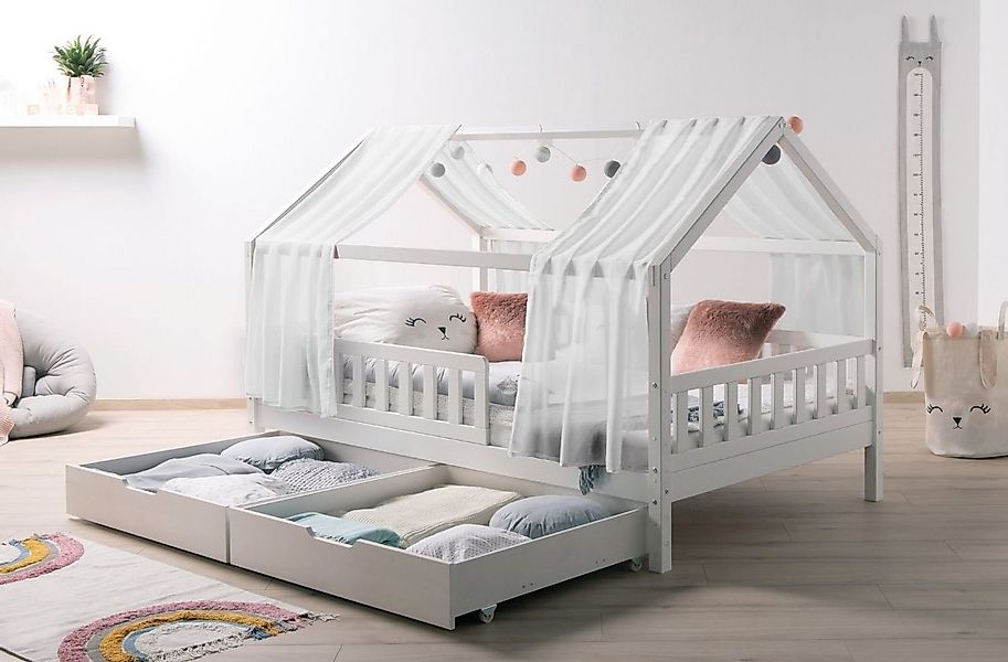 Ticaa Hausbett Kim mit Rausfallschutz und Schubkasten aus Kiefer, Kinderbet günstig online kaufen
