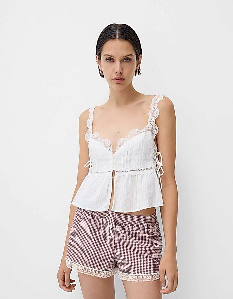 Bershka Shorts Mit Vichykaros Und Spitzenkante Damen Xs Granatrot günstig online kaufen