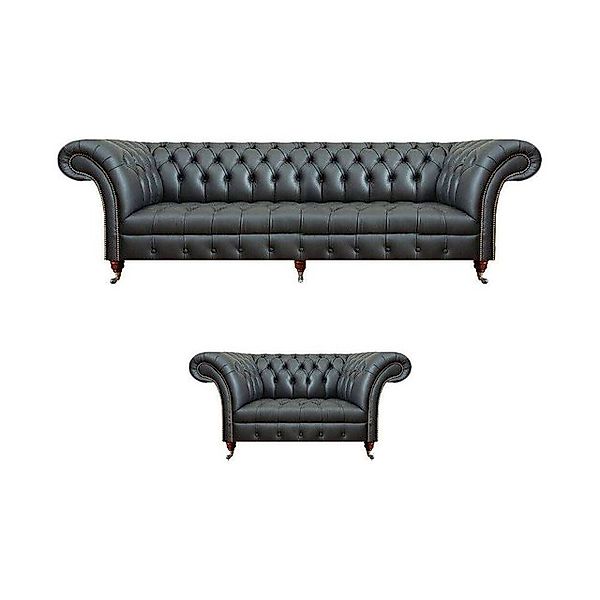 JVmoebel Chesterfield-Sofa Schwarz Leder Sofa Komplett Sessel Wohnzimmer 2t günstig online kaufen