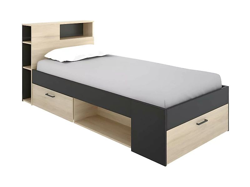 Bett mit Kopfteil, Stauraum & Schublade - 90 x 190 cm - Naturfarben & Anthr günstig online kaufen