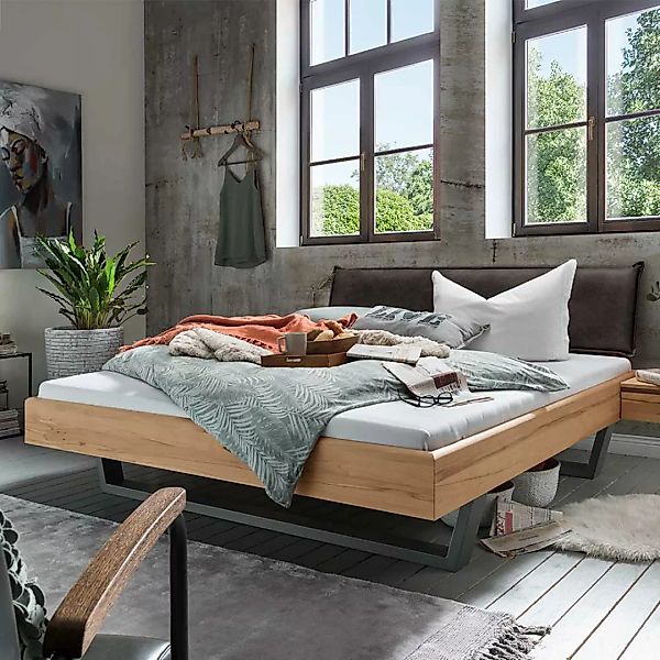 Doppel Bett aus Kernbuche Massivholz und Metall Polster Kopfteil günstig online kaufen
