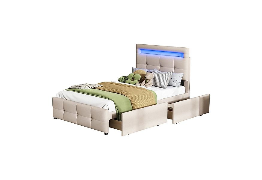 Flieks Polsterbett, LED Beleuchtung Einzelbett 2 Schubladen Leinen 90*200cm günstig online kaufen
