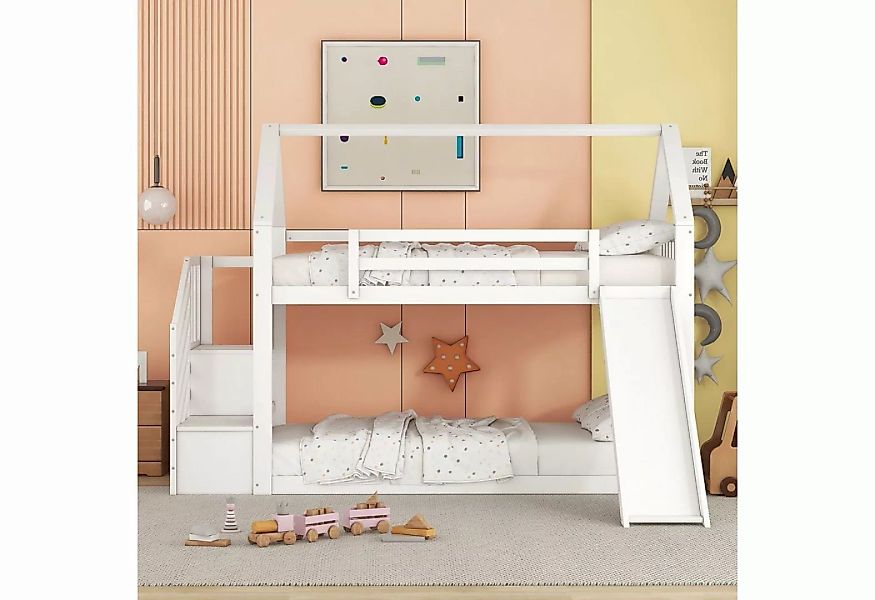 OKWISH Bett Etagenbett, Kinderbett, Hausbett 90x200cm (mit Stauraumtreppe u günstig online kaufen
