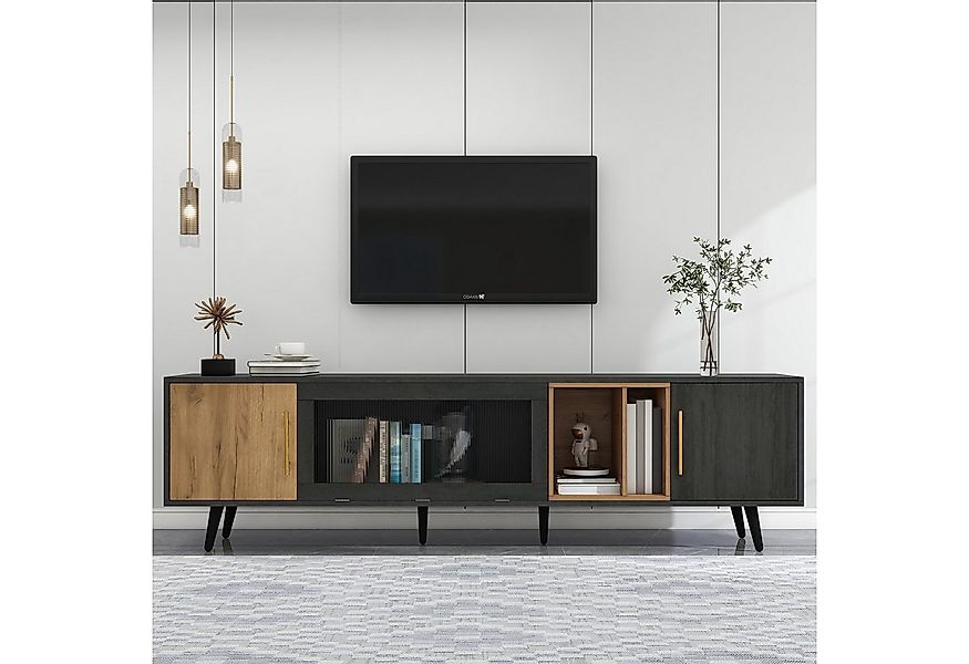 KLAM HOME Lowboard Eleganter TV Lowboard In Grau Mit Holzmaserung (200cm TV günstig online kaufen