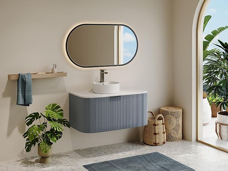 Waschbeckenunterschrank hängend - Streifenoptik - Blau matt - 100 cm - LOME günstig online kaufen
