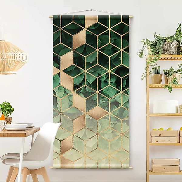 Wandteppich Grüne Blätter goldene Geometrie günstig online kaufen