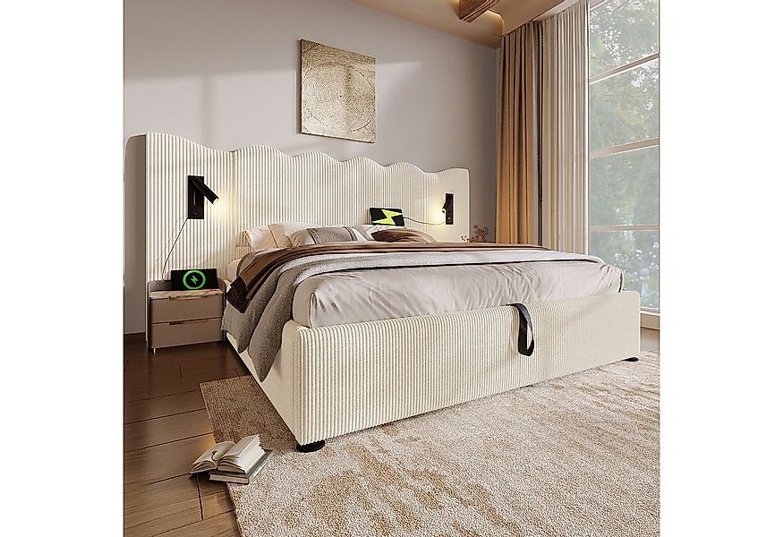 VISTEFLY Polsterbett Doppelbett 180cm, USB-Ladung + Leselampe, Beige Cord günstig online kaufen