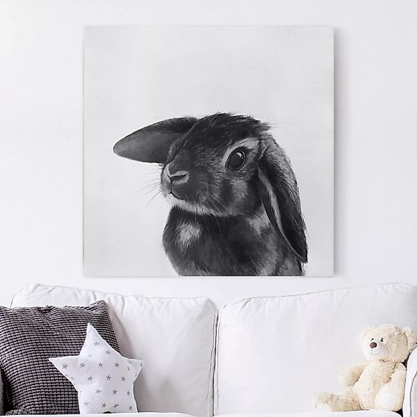 Leinwandbild - Quadrat Illustration Hase Schwarz Weiß Zeichnung günstig online kaufen