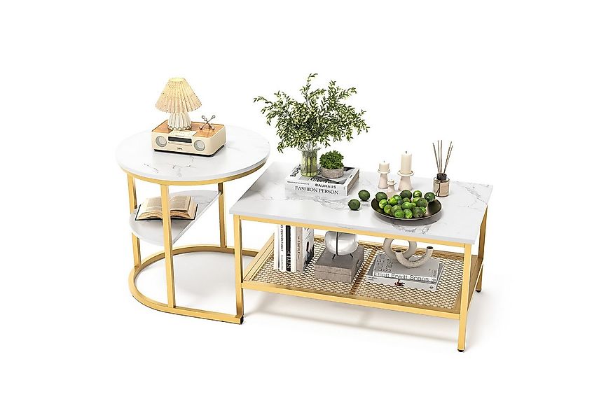 SEEZSSA Couchtisch 2er Set Satztisch Wohnzimmertisch Beistelltisch mit Marm günstig online kaufen