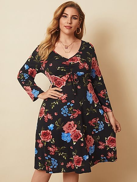 YOINS Plus Größe V-Ausschnitt Blumendruck Bindedesign Lange Ärmel Kleid günstig online kaufen
