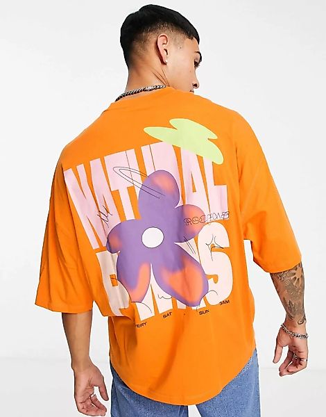 ASOS DESIGN – Oversize-T-Shirt aus Bio-Baumwolle in Orange mit Blumenprint günstig online kaufen