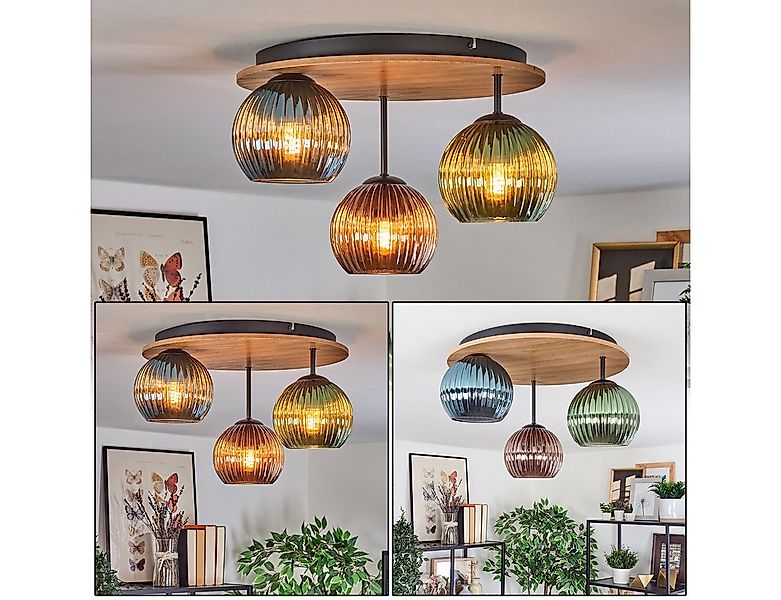 hofstein Deckenleuchte Deckenlampe aus Metall/Holz/Riffelglas, Schwarz/Natu günstig online kaufen