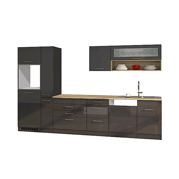 Hochglanz Küchenblock in Grau 330 cm breit (neunteilig) günstig online kaufen