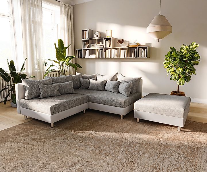 Ecksofa Clovis Weiss Hellgrau Hocker Ottomane Rechts modular günstig online kaufen