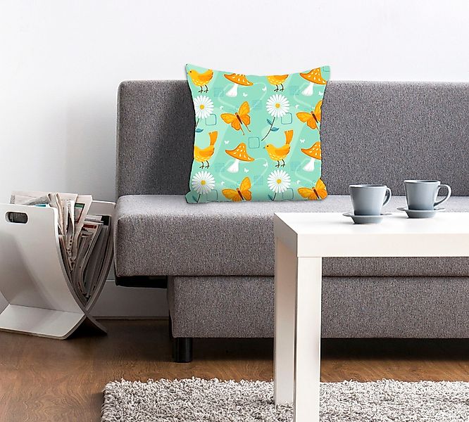 queence Dekokissen "Wilma" Kissenhülle,Blumen,Schmetterlinge,Vögel,Türkis,B günstig online kaufen