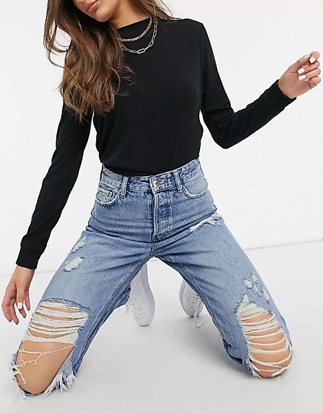 River Island – Carrie – Gerippte, formende Mom-Jeans in mittlerem Auth-Blau günstig online kaufen