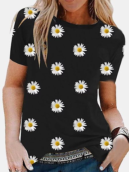Kurzarm-T-Shirt mit O-Ausschnitt und O-Ausschnitt und Blumendruck für Damen günstig online kaufen