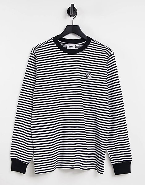 Obey – Langärmliges, gestreiftes Oversize-T-Shirt in Schwarz-Weiß günstig online kaufen