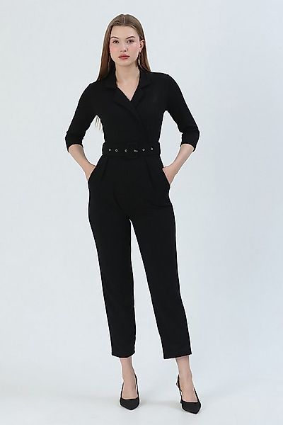 WOMAN VISION Overall Schwarzer Scuba-Crepe Wickelkragen Langarm Jumpsuit günstig online kaufen