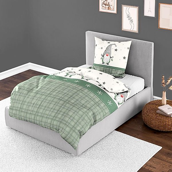 Bettwäsche Bierbaum Biber 3743-30 Grau Grün Weiß Wichtel Karo 135x200 günstig online kaufen