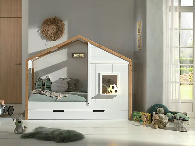 Natur24 Kinderbett Bett Landhausbett mit Schublade BABS 90x200cm Oak/Weiß günstig online kaufen