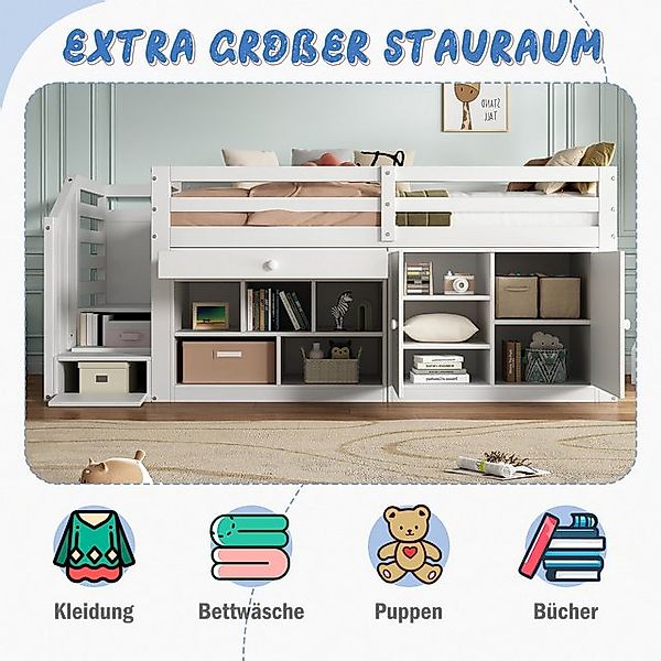 Flieks Hochbett Massivholz Kinderbett mit Schrank, Treppe und Leiter 90x200 günstig online kaufen