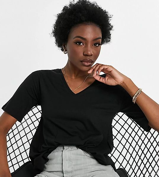 ASOS DESIGN Tall – Ausgestelltes T-Shirt mit V-Ausschnitt in Schwarz günstig online kaufen