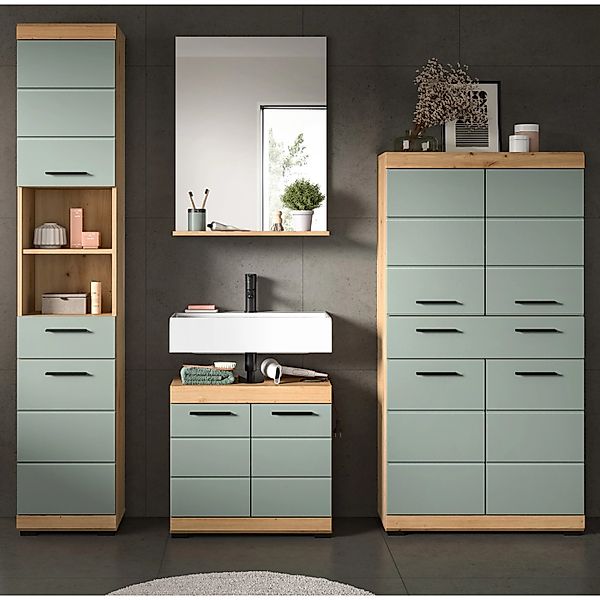Inn.Furn Badmöbel Set in Grün und Eiche 4-teilig 200 cm Shawn günstig online kaufen