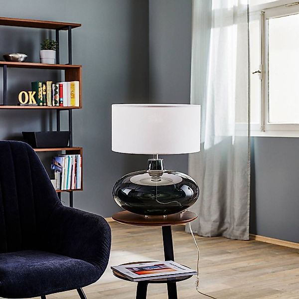 Tischlampe Skien, Schirm zylindrisch weiß, Glasfuß rauchgrau günstig online kaufen