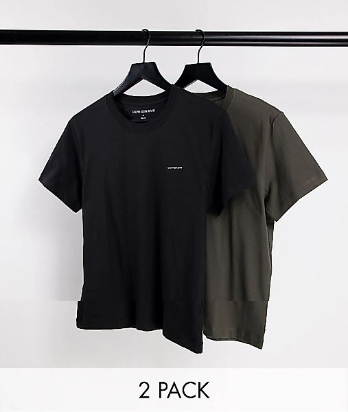 Calvin Klein Jeans – Schmal geschnittene T-Shirts in Schwarz/Khaki im 2er-P günstig online kaufen