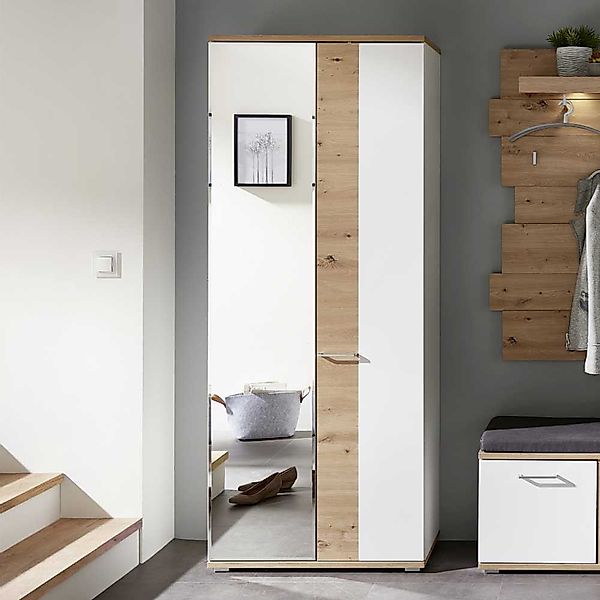 Dielenschrank mit Spiegeltür in Wildeichefarben & Weiß 80 cm breit günstig online kaufen