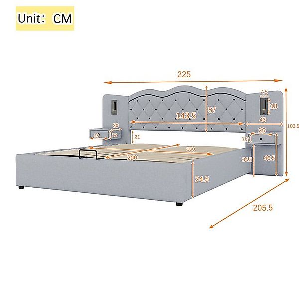 Flieks Polsterbett, Hydraulisches Doppelbett 160x200cm mit Nachttischlampen günstig online kaufen