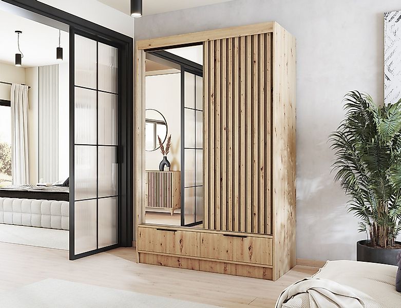 MOEBLO Schiebetürenschrank Yoga (Moderner Schrank mit Spiegel, Lamellen-Des günstig online kaufen