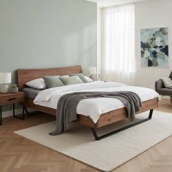 Tiefes Bettgestell aus Nussbaum Massivholz und Stahl Industry und Loft Stil günstig online kaufen