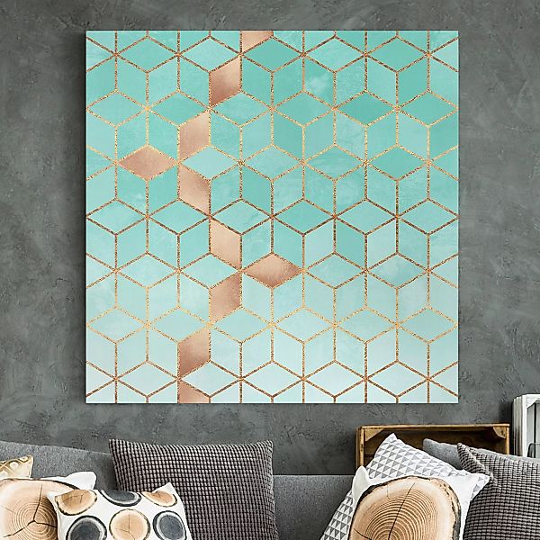 Leinwandbild Abstrakt - Quadrat Türkis Weiß goldene Geometrie günstig online kaufen