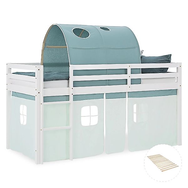 Homestyle4u Kinder Hochbett 90x200 mit Lattenrost Tunnel Vorhang Grün Kinde günstig online kaufen