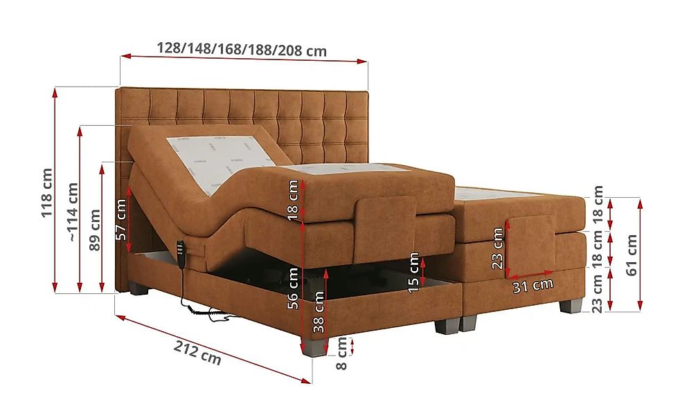 Motor Boxspringbett mit Bettkasten Elektro ¦ orange ¦ Maße (cm): B: 168 H: günstig online kaufen