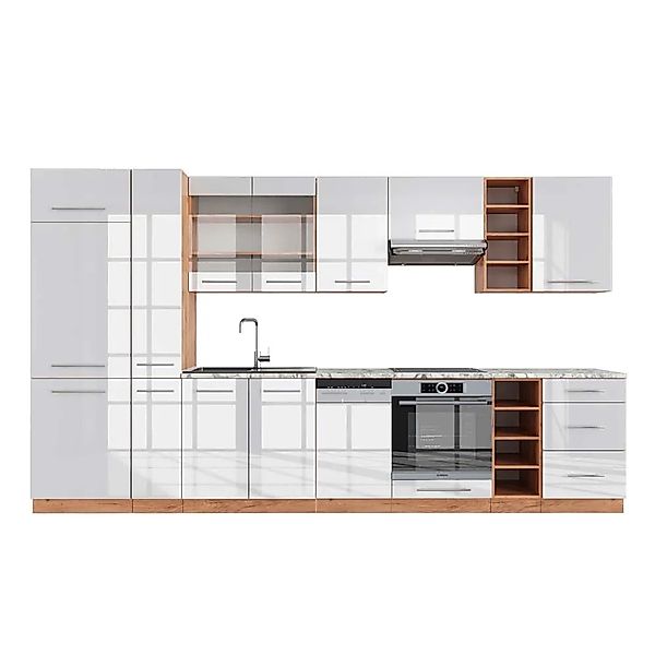 Vicco Fame-Line Küchenzeile Weiß Hochglanz/Goldkraft Eiche 355 cm AP Marmor günstig online kaufen