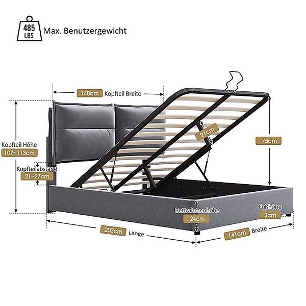 Ulife Boxspringbett Grau Polsterbett hydraulisch Doppelbett Funktionsbett 1 günstig online kaufen