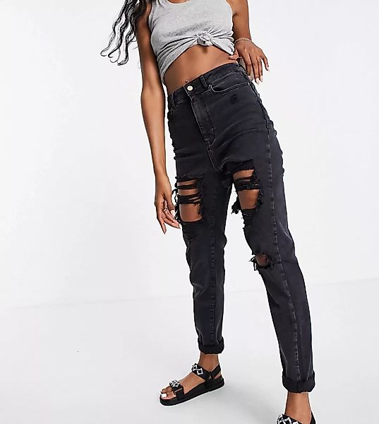 New Look Tall – Mom-Jeans in Schwarz mit Zierrissen günstig online kaufen