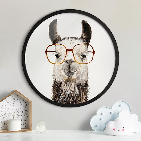 Rundes Gerahmtes Bild Hippes Lama mit Brille IV günstig online kaufen