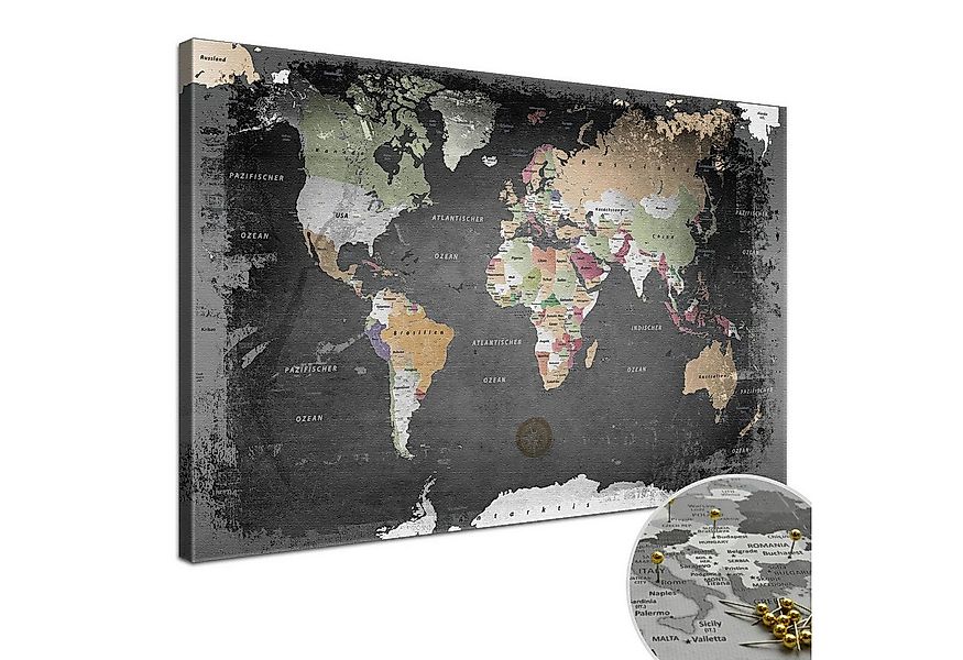 LANA KK Leinwandbild Weltkarte Pinnwand zum markieren von Reisezielen, deut günstig online kaufen