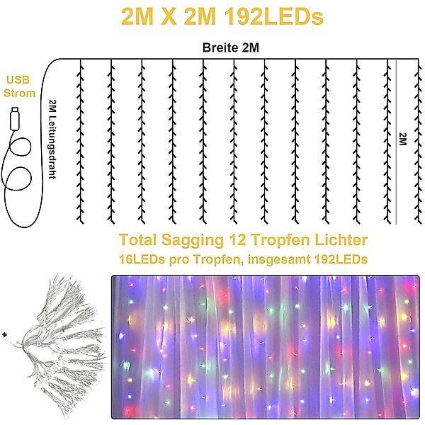 Qualra LED-Lichtervorhang 2Mx2M 192LEDs Lichtervorhang Innen günstig online kaufen