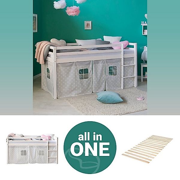 Homestyle4u Hochbett 90x200 Weiß mit Vorhang günstig online kaufen