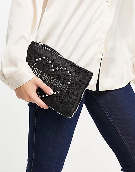 Love Moschino – Handtasche in Schwarz mit Herz-Logo und Handgelenkschlaufe günstig online kaufen