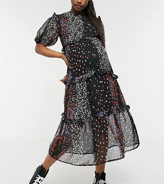 Violet Romance – Umstandsmode – Gestuftes Midaxi-Kleid mit Raffung und Blum günstig online kaufen
