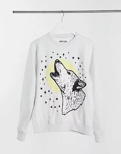 HNR LDN – Hellgrauer Sweater mit Wolfprint günstig online kaufen