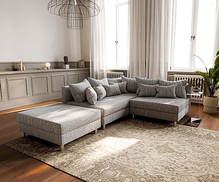 Ecksofa Clovis Hellgrau Strukturstoff Hocker Ottomane Links Modulsofa günstig online kaufen